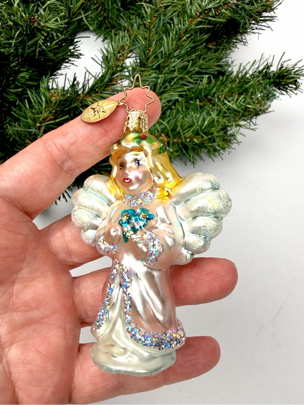 Christopher Radko Angel Bouquet Pink Glass Christmas Ornament Glitter Details